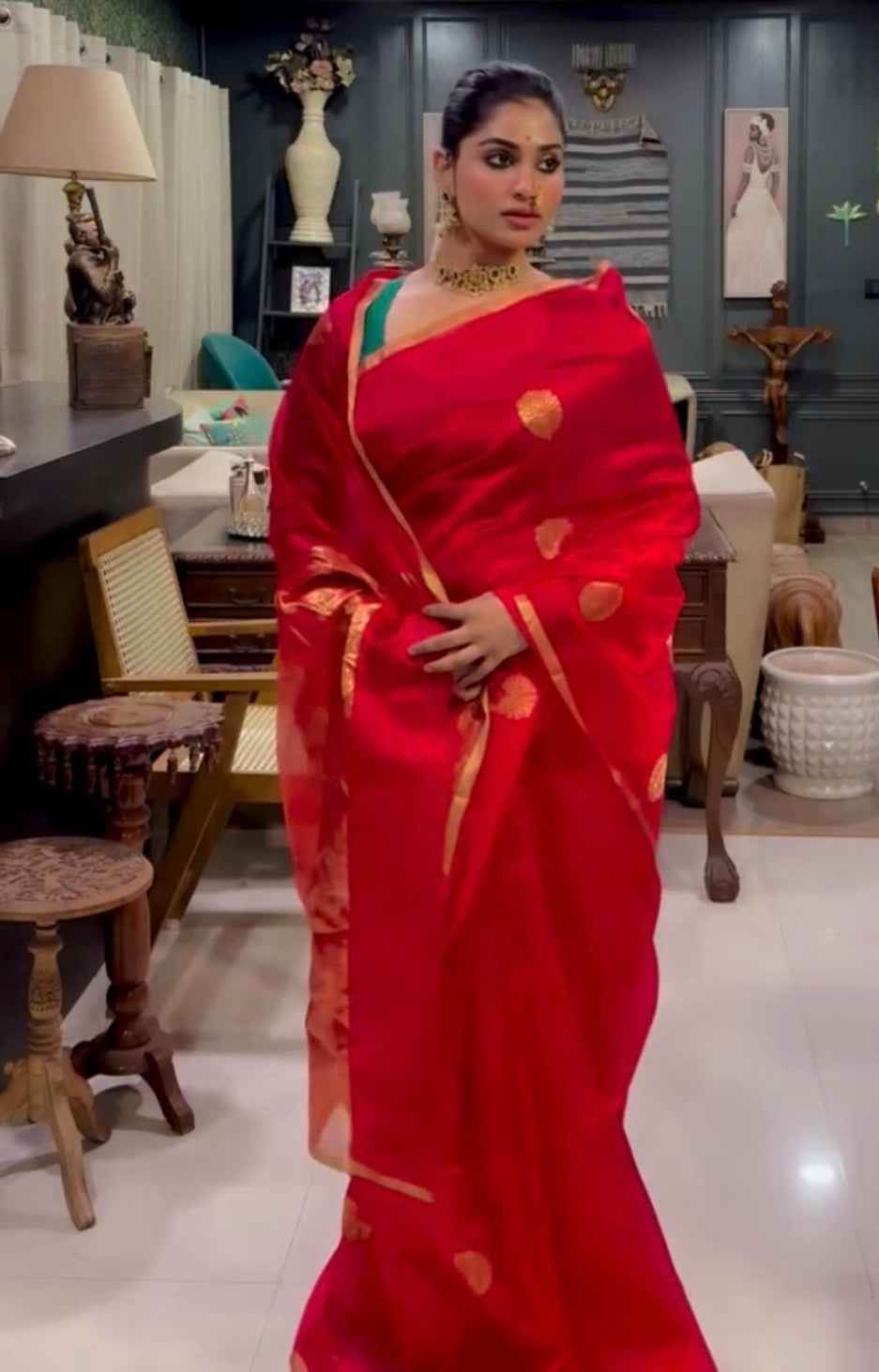 Red Chanderi Silk Saree with Mor Motifs all over