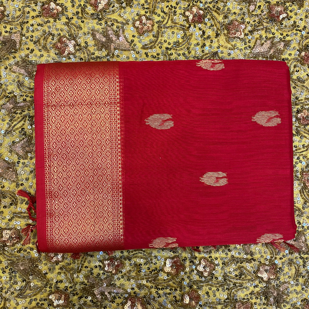Red Maheshwari saree with morni motifs all over