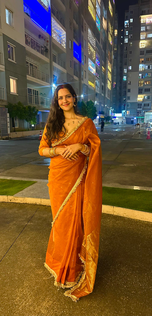 Burnt Orange Chanderi Silk Saree with Zari Bootis all over