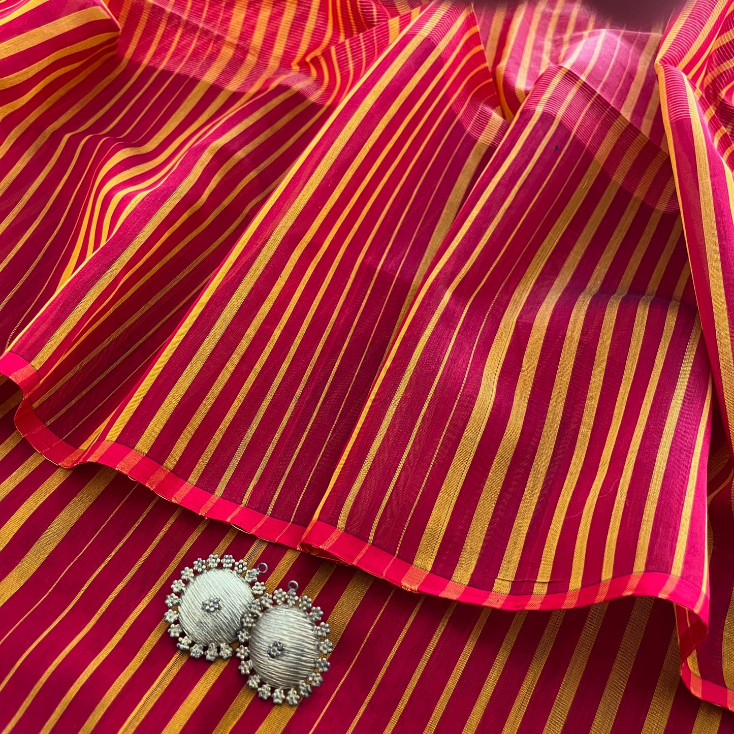 Red and Mustard striped Maheshwari saree