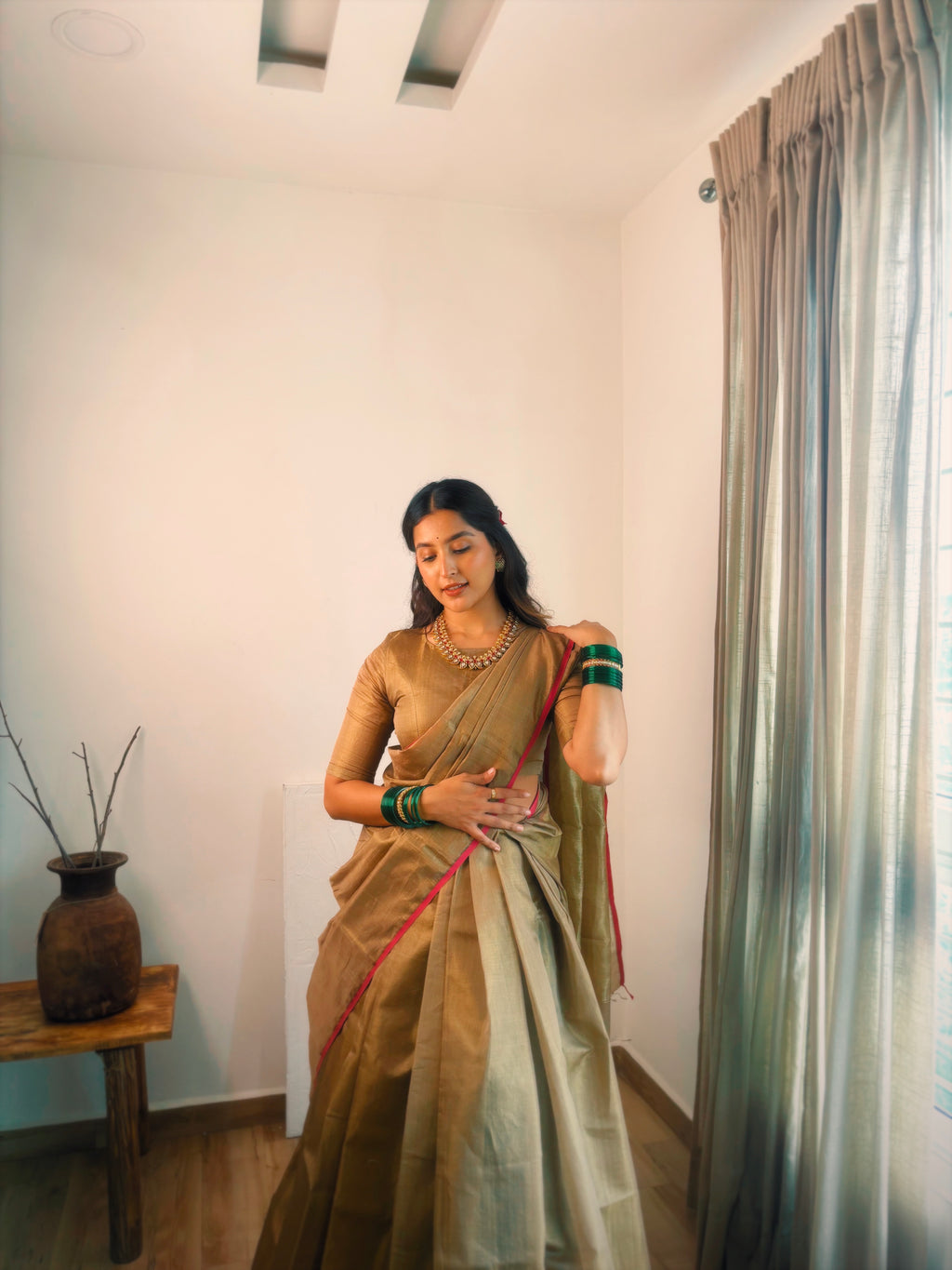 Antique gold & pink maheshwari tissue silk saree with zari lines on pallu