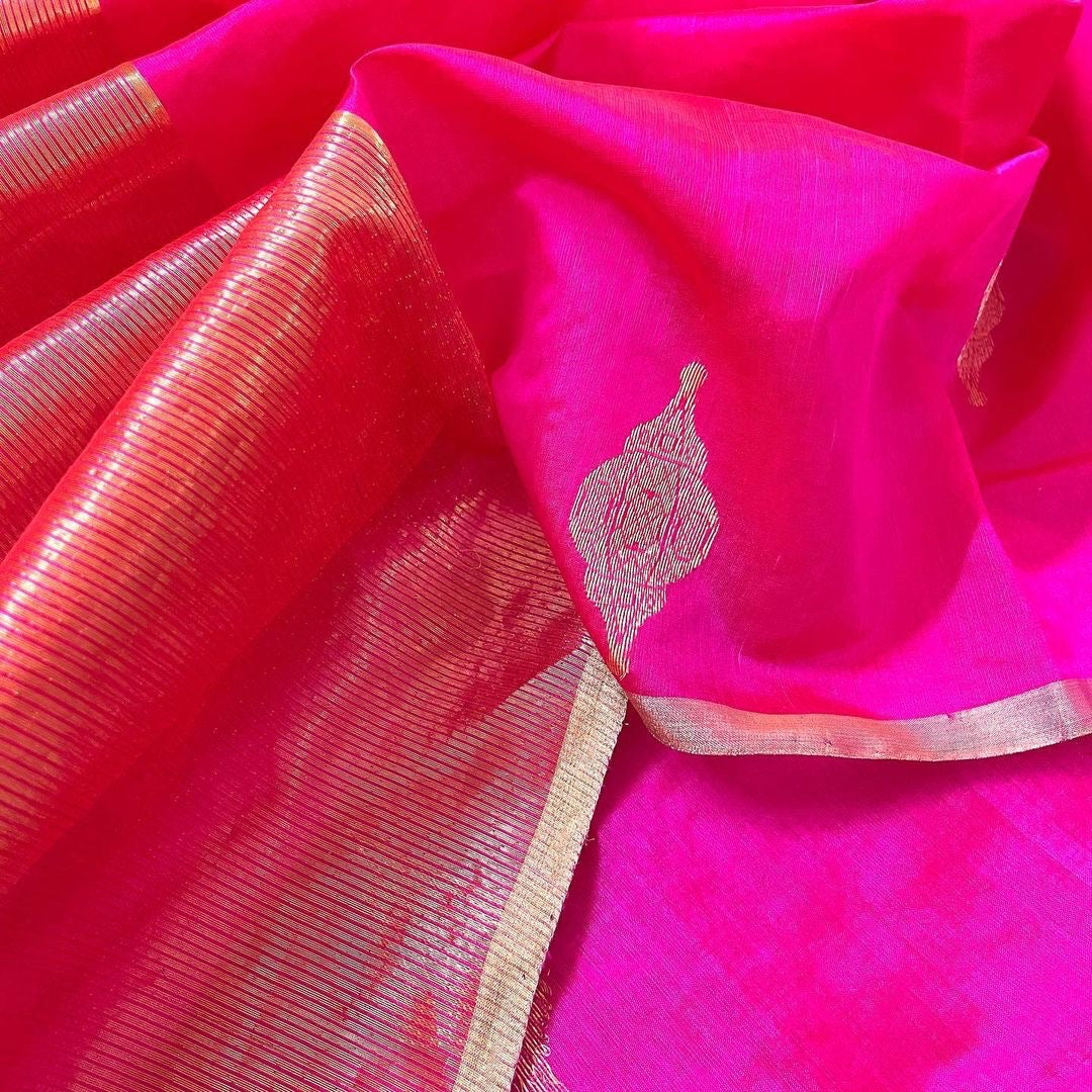 Rani pink chanderi silk saree with jhoomar motifs all over