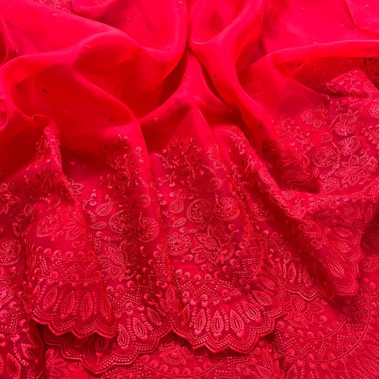 Red Banarasi organza silk saree with Threadwork and bootis all over