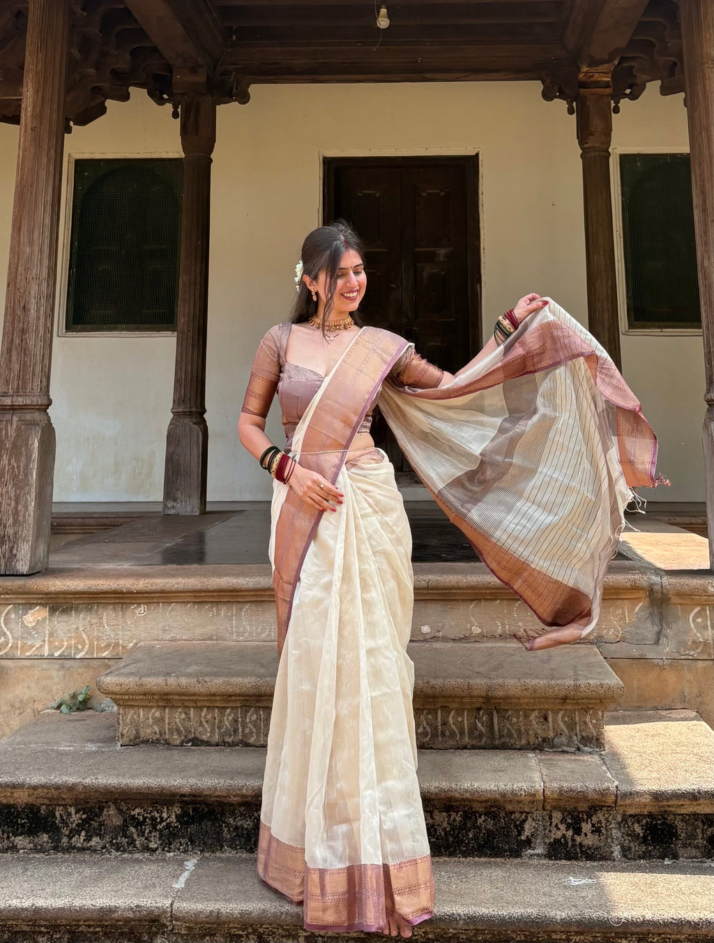 Ready to wear | Cream & Violet Maheshwari tissue silk saree with antique gold zari border