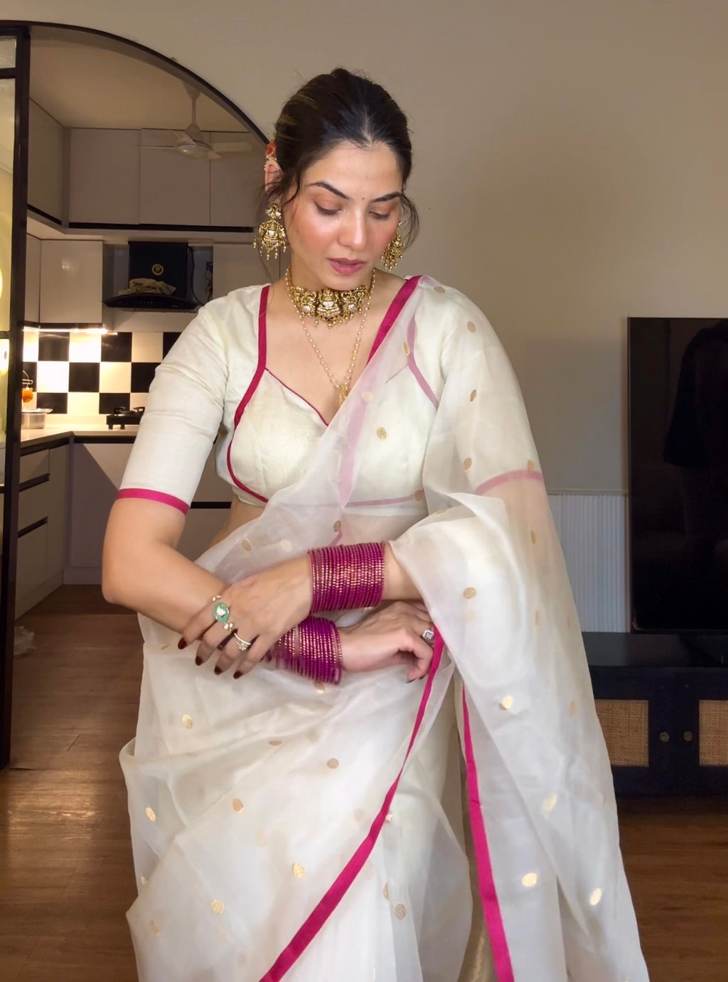 Off-White & Pink Chanderi Organza Silk Saree with Zari Bootis all over