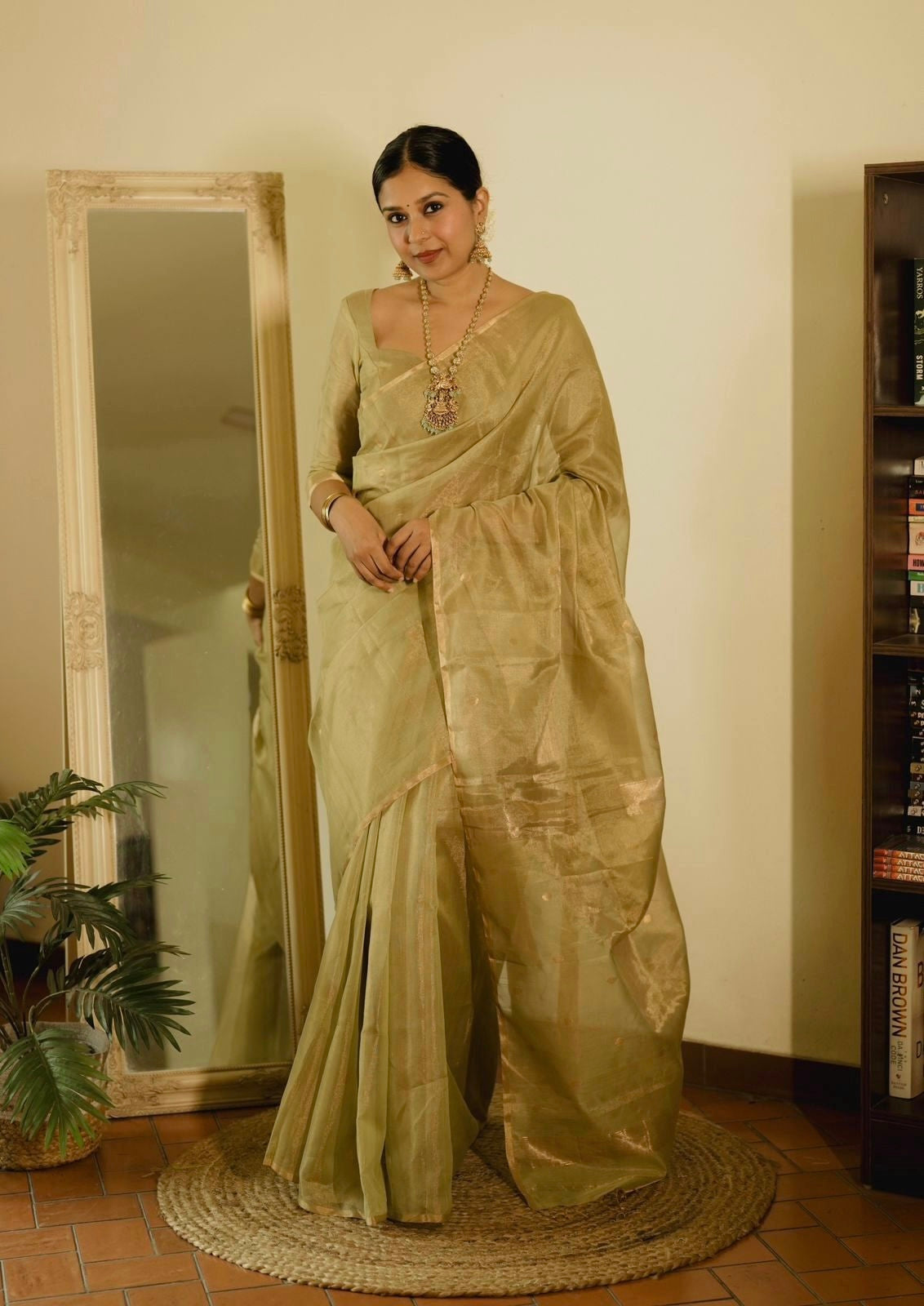 Olive gold Maheshwari tissue silk saree with zari bootis all over