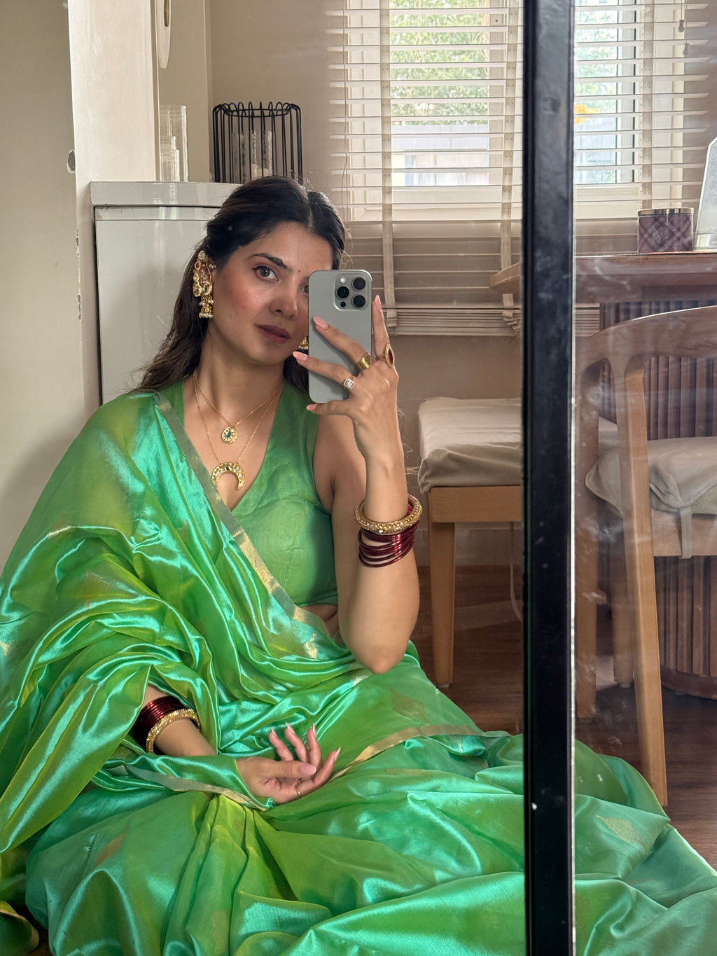 Ready to wear | Sea Green Dual Tone Chanderi Silk Saree with Jhoomar Motifs all over