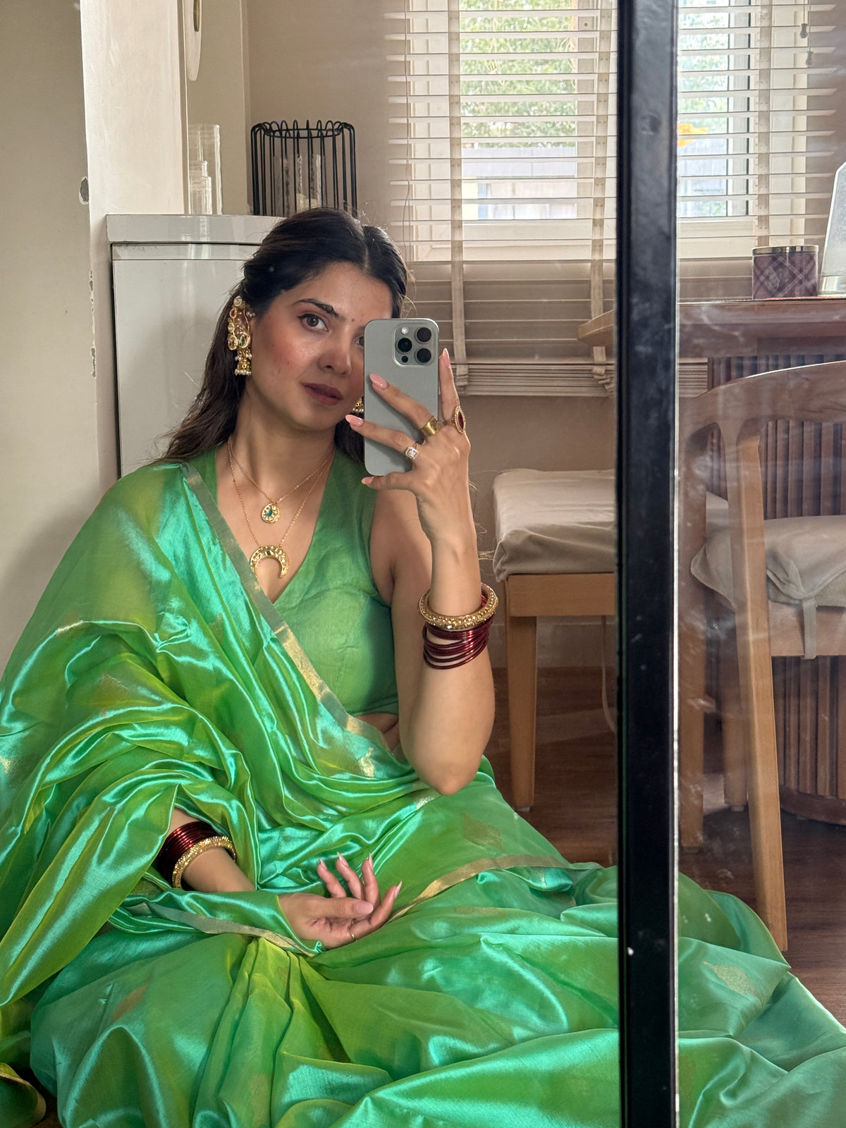 Ready to wear | Sea Green Dual Tone Chanderi Silk Saree with Jhoomar Motifs all over
