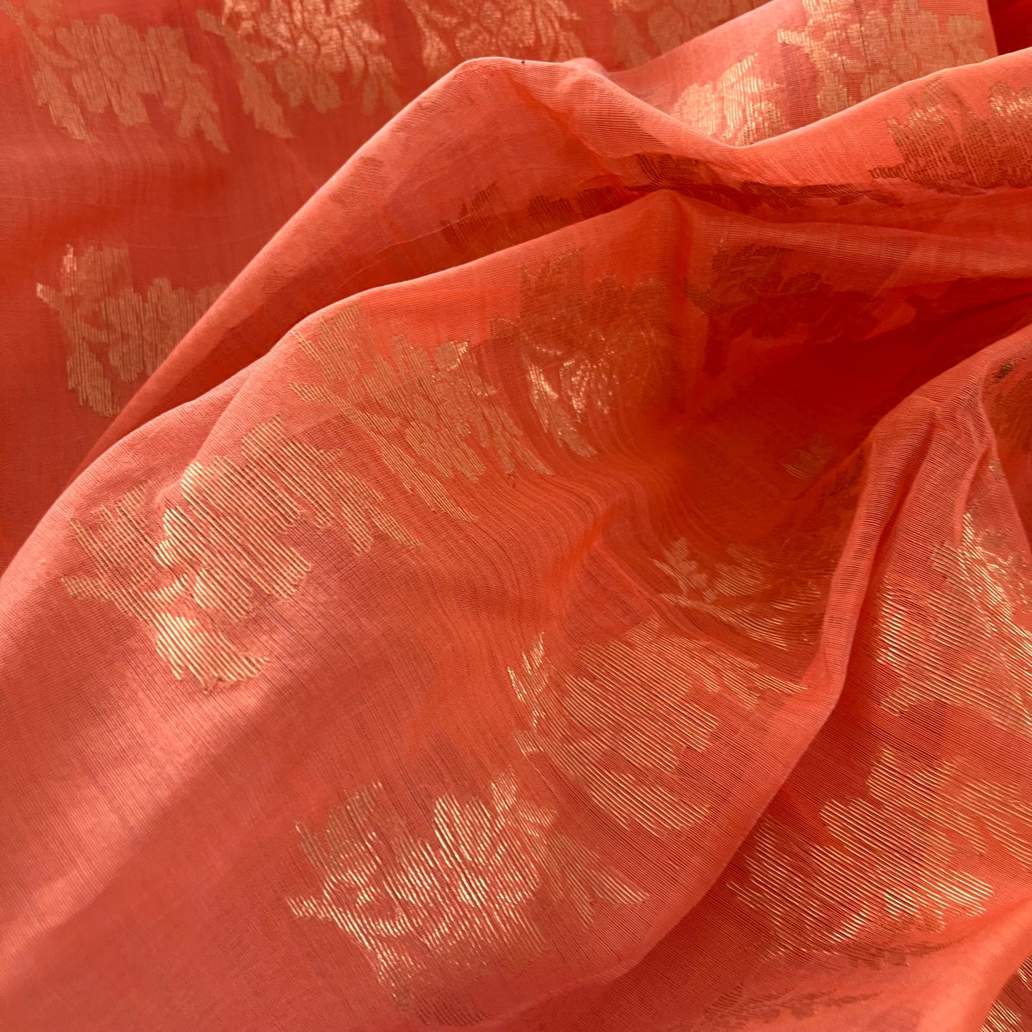 Peachish pink Chanderi saree with zari pattern on pallu