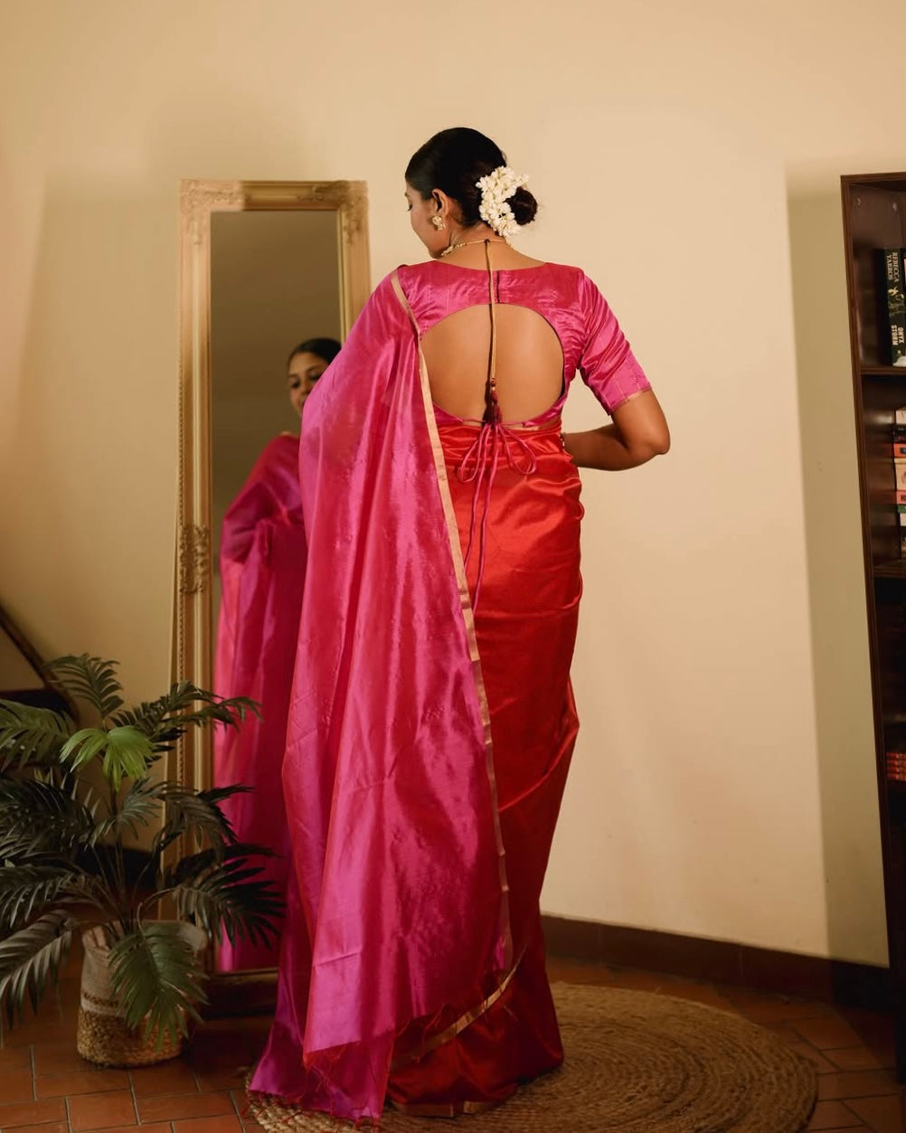 Chili Red and pink Chanderi silk saree with tassels on pallu
