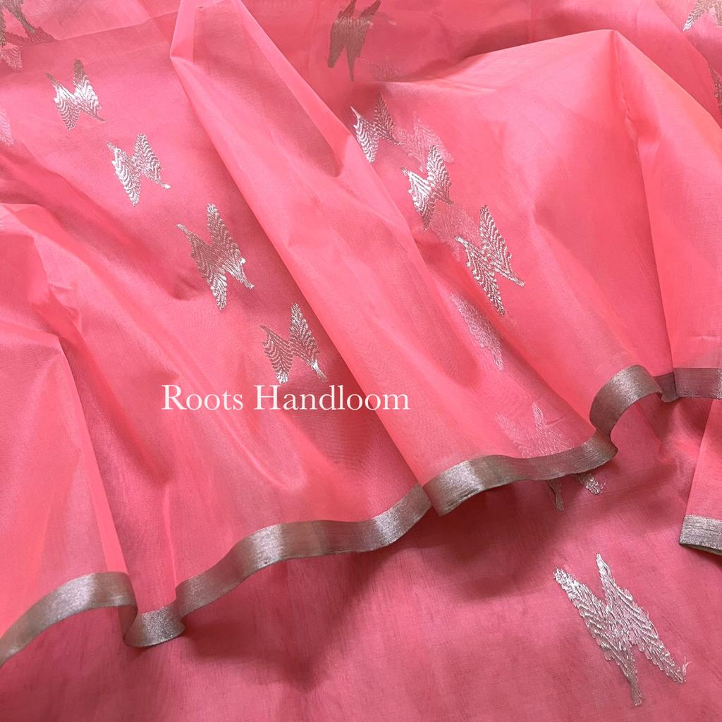 Peachish pink Chanderi organza silk with feather motifs all over