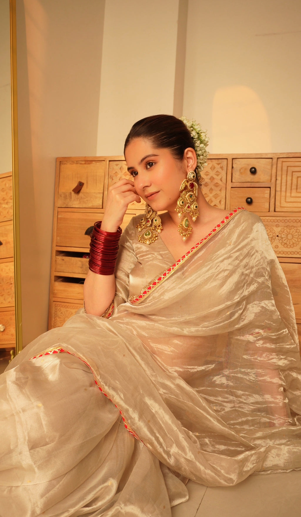 Chantilly cream and red Chanderi tissue silk saree with zari bootis all over