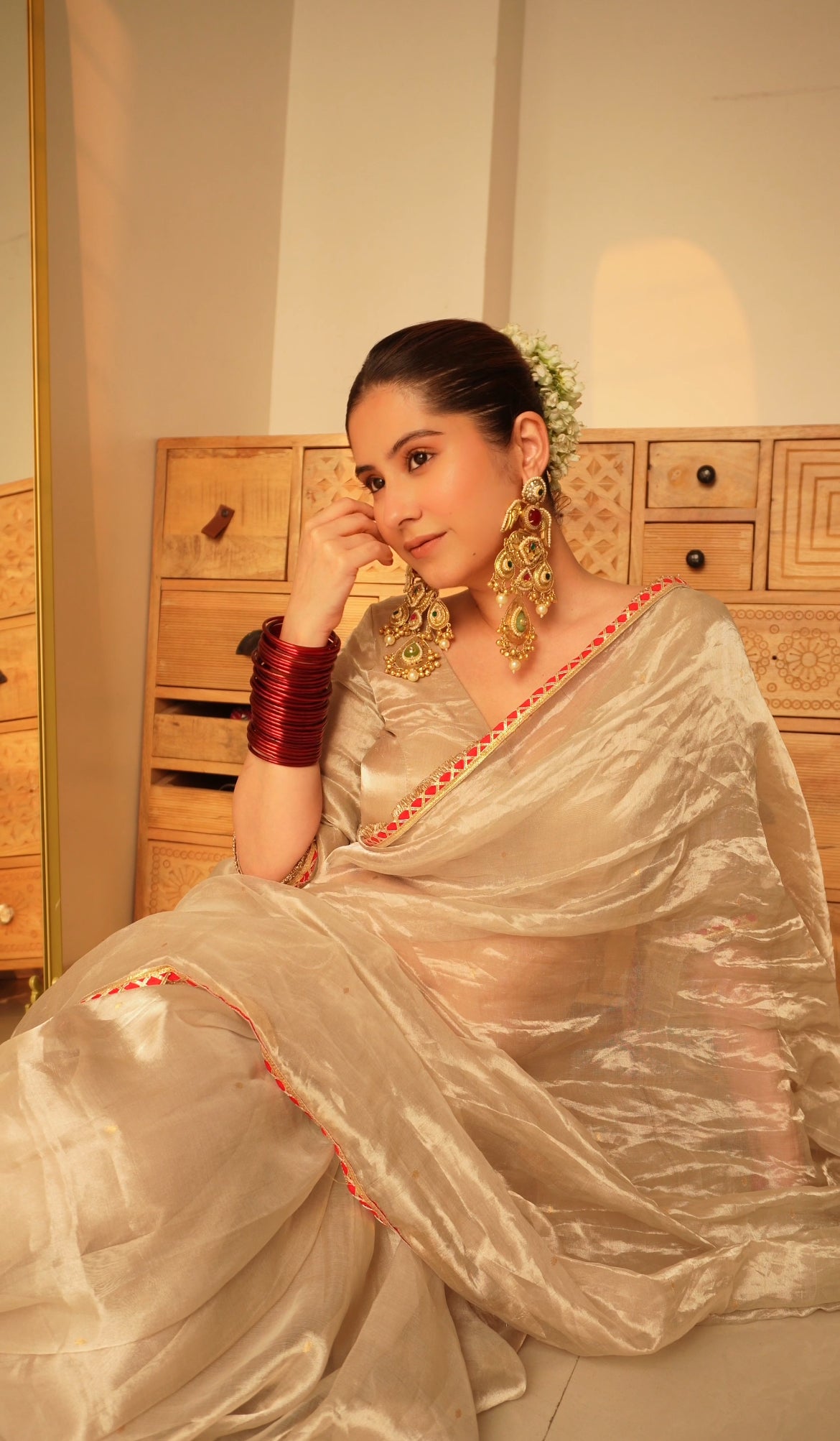 Chantilly cream and red Chanderi tissue silk saree with zari bootis all over