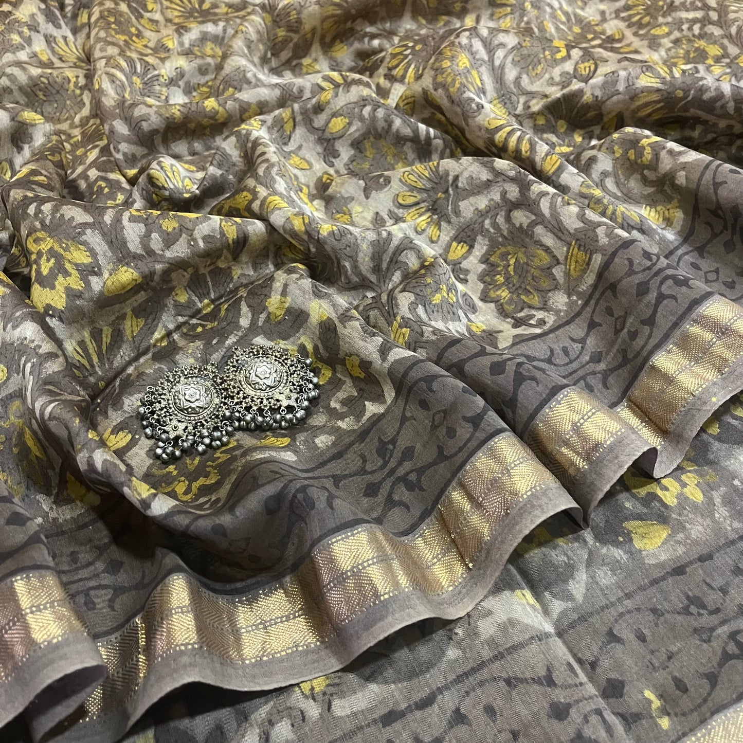 Grey Maheshwari saree with ajrakh print all over