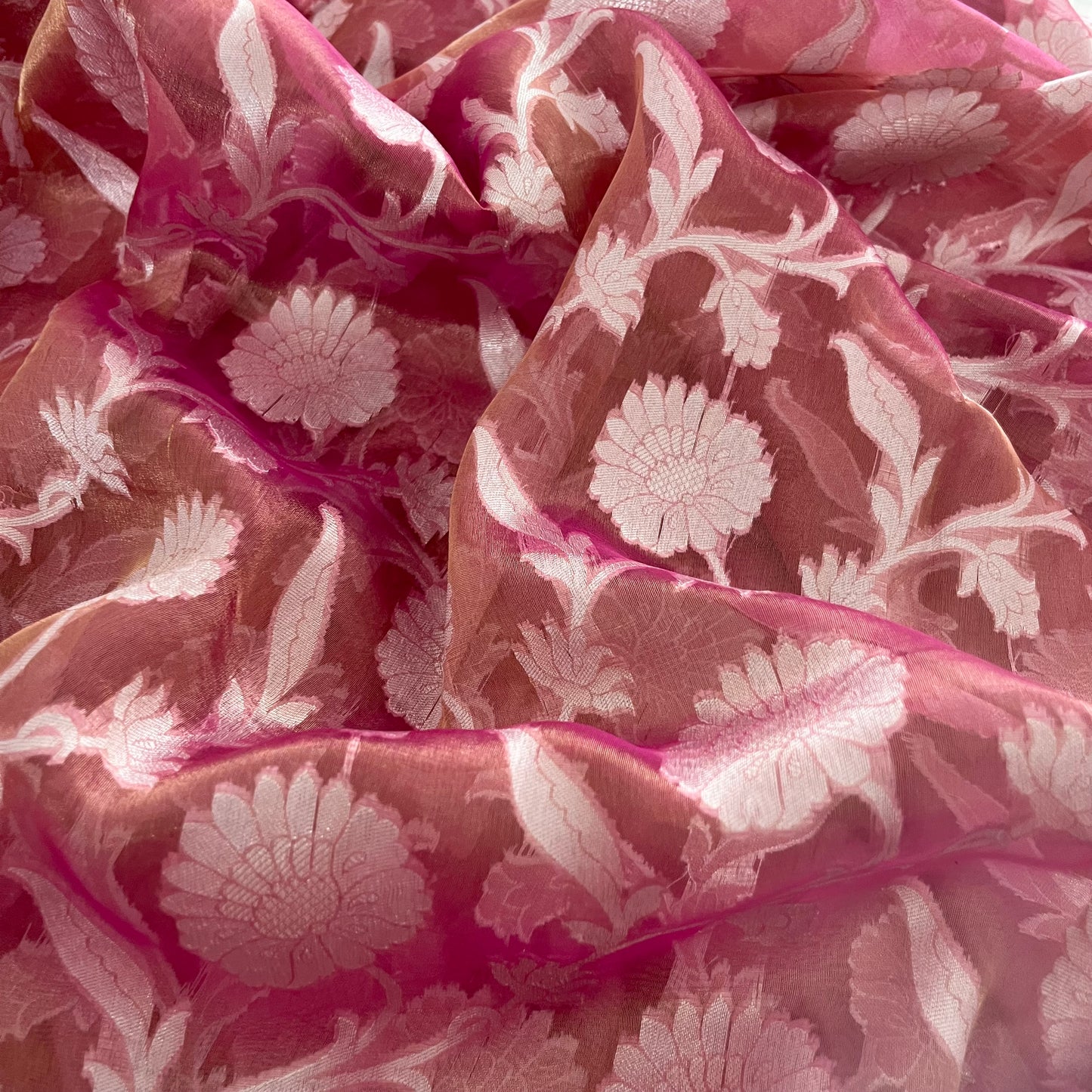 Peachish pink Banarasi tissue silk saree zari jaal work all over
