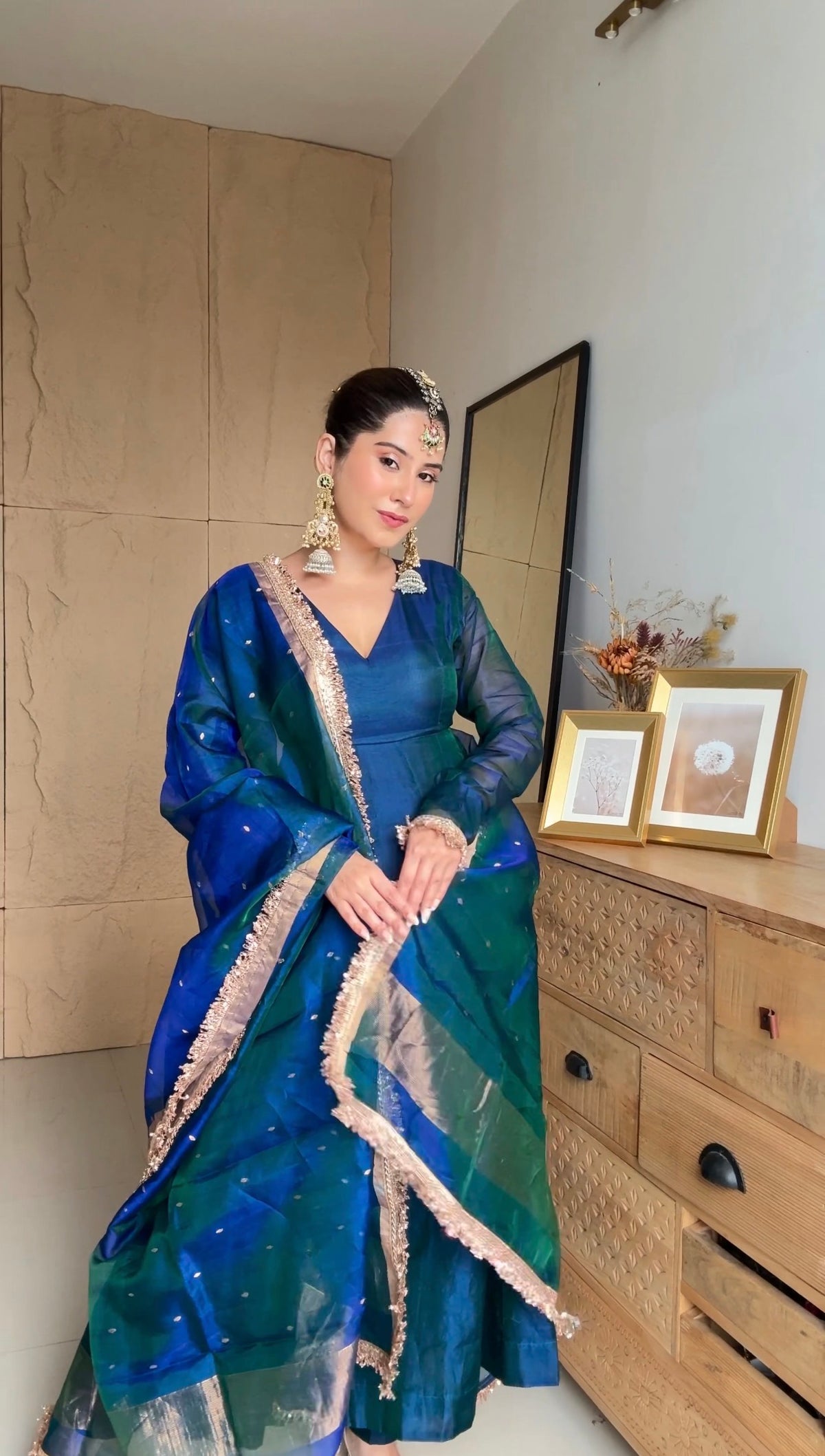 Peacock Green & Blue Dual Tone Chanderi Organza Silk Anarkali Suit