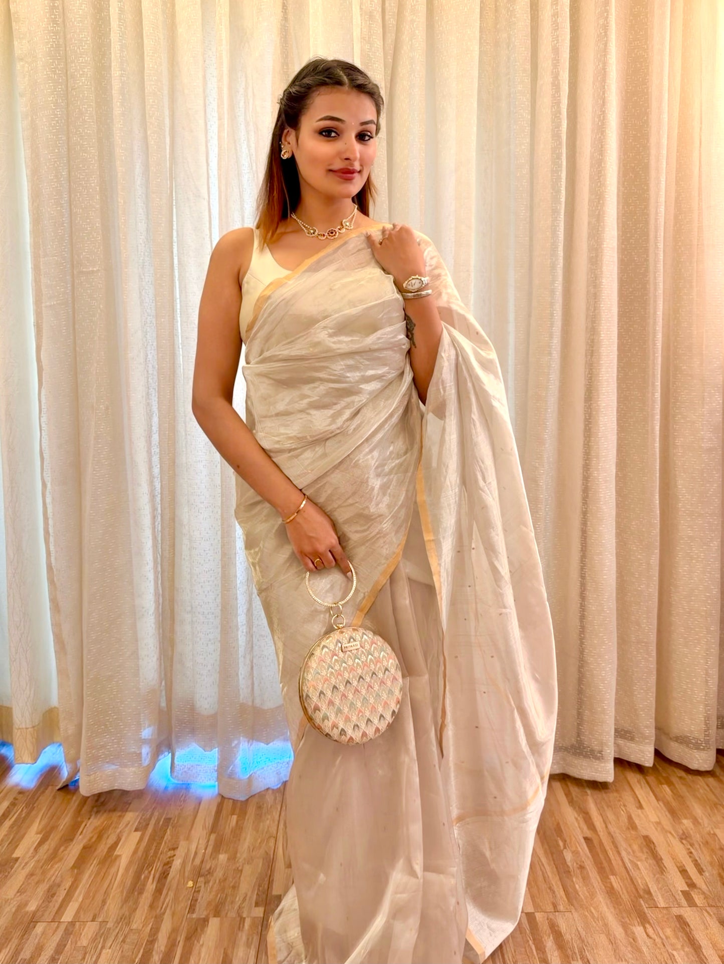 Chantilly cream Chanderi tissue silk saree with zari bootis all over