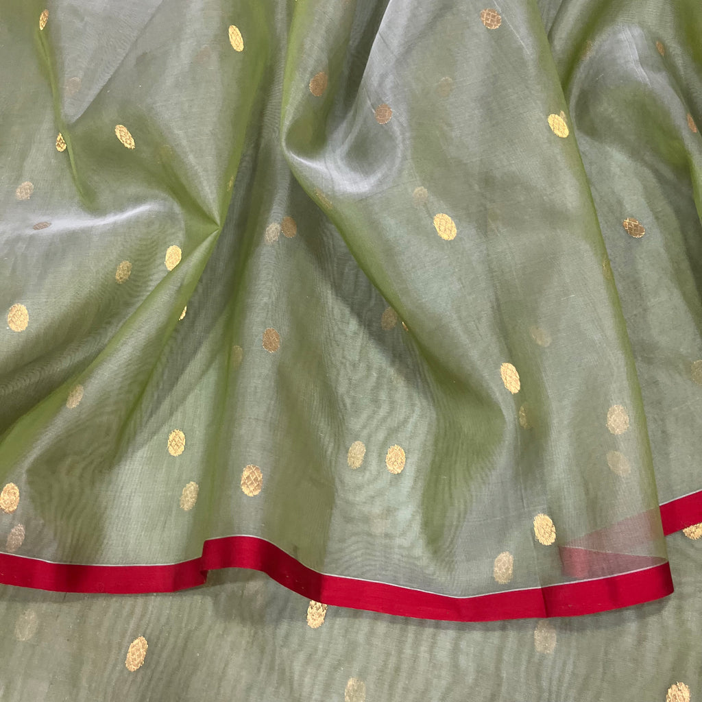Olive gold & red Chanderi silk saree with zari bootis all over