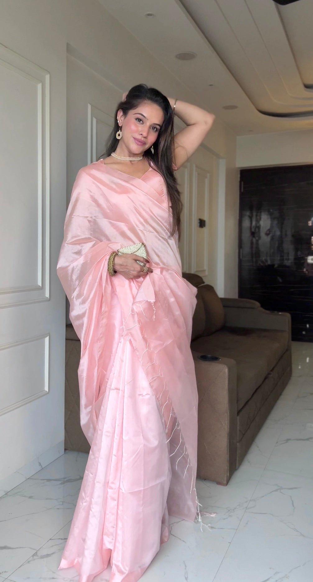 Baby Pink Chanderi silk saree with silk border