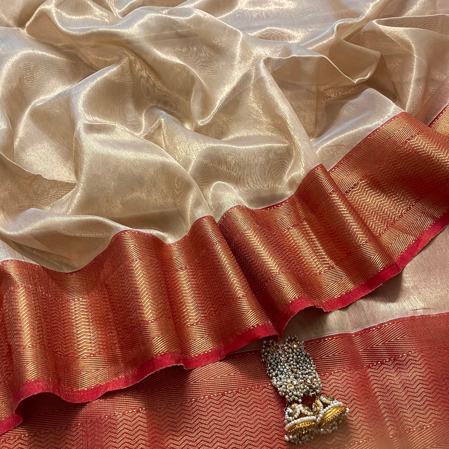 Gold & red maheshwari tissue silk saree with zari border