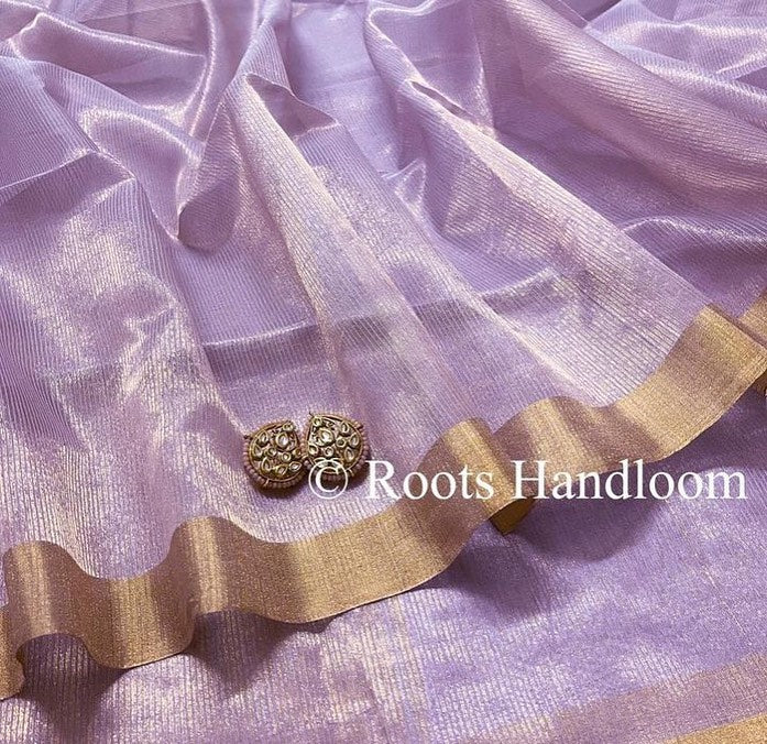 Mauve Maheshwari saree with gold zari lines all over