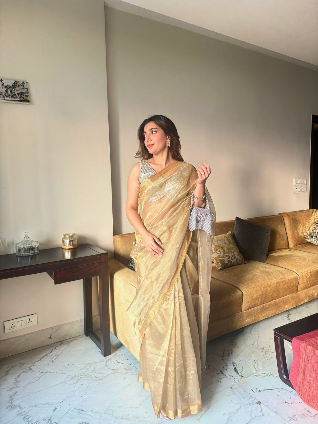 Olive Gold Maheshwari Saree with Zari lines all over