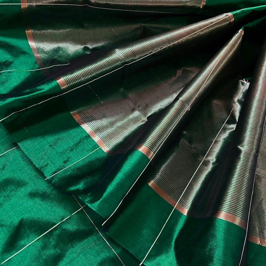 Dark green chanderi silk saree with zari checks all over