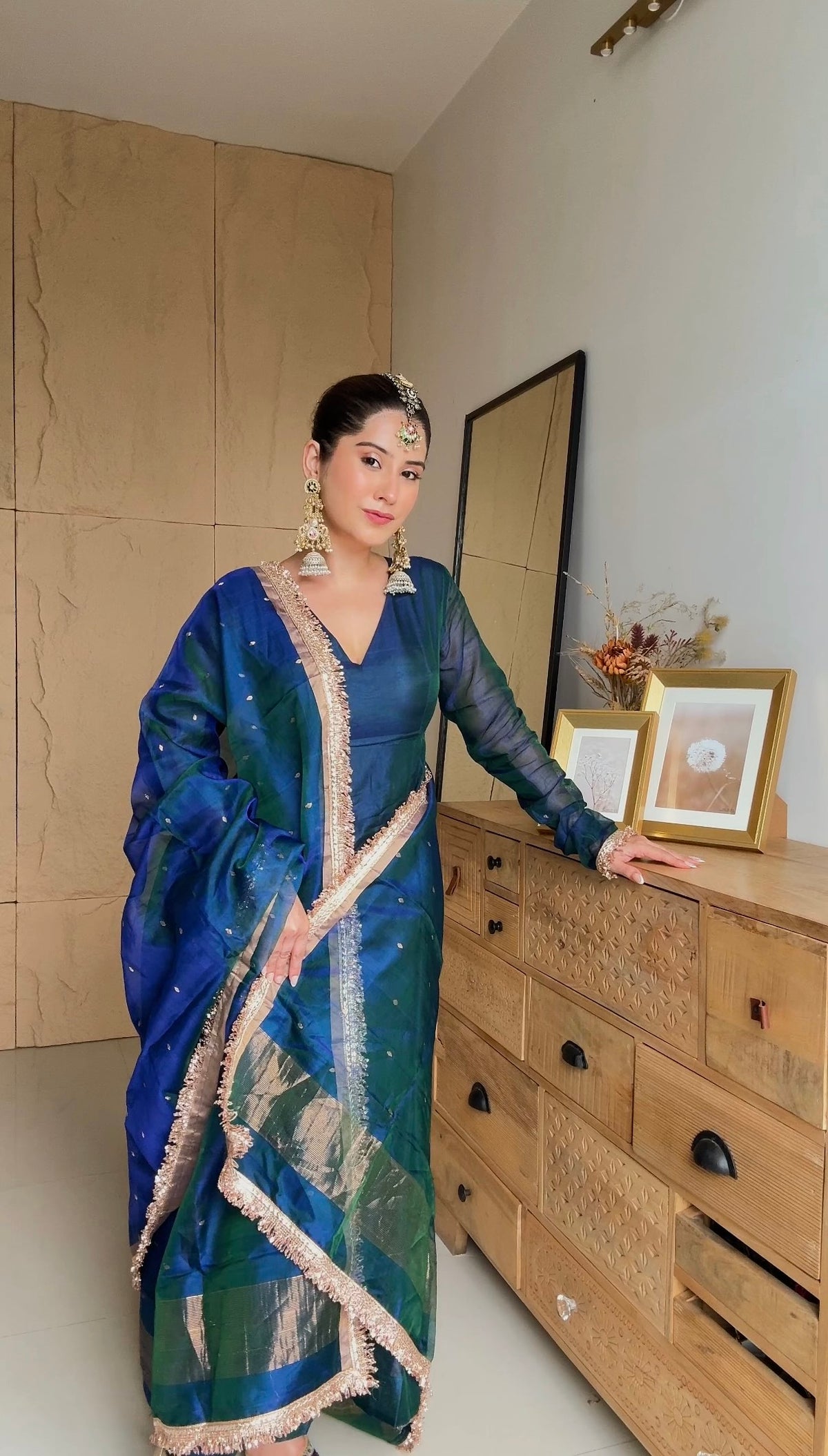 Peacock Green & Blue Dual Tone Chanderi Organza Silk Anarkali Suit