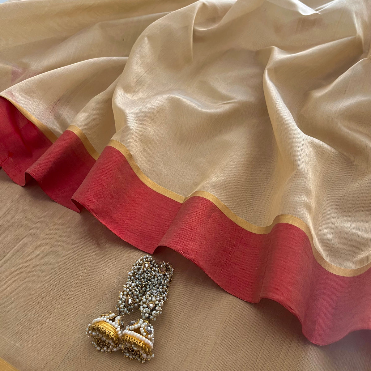 Beige & Red Chanderi Silk Saree with Zari Lines on Pallu