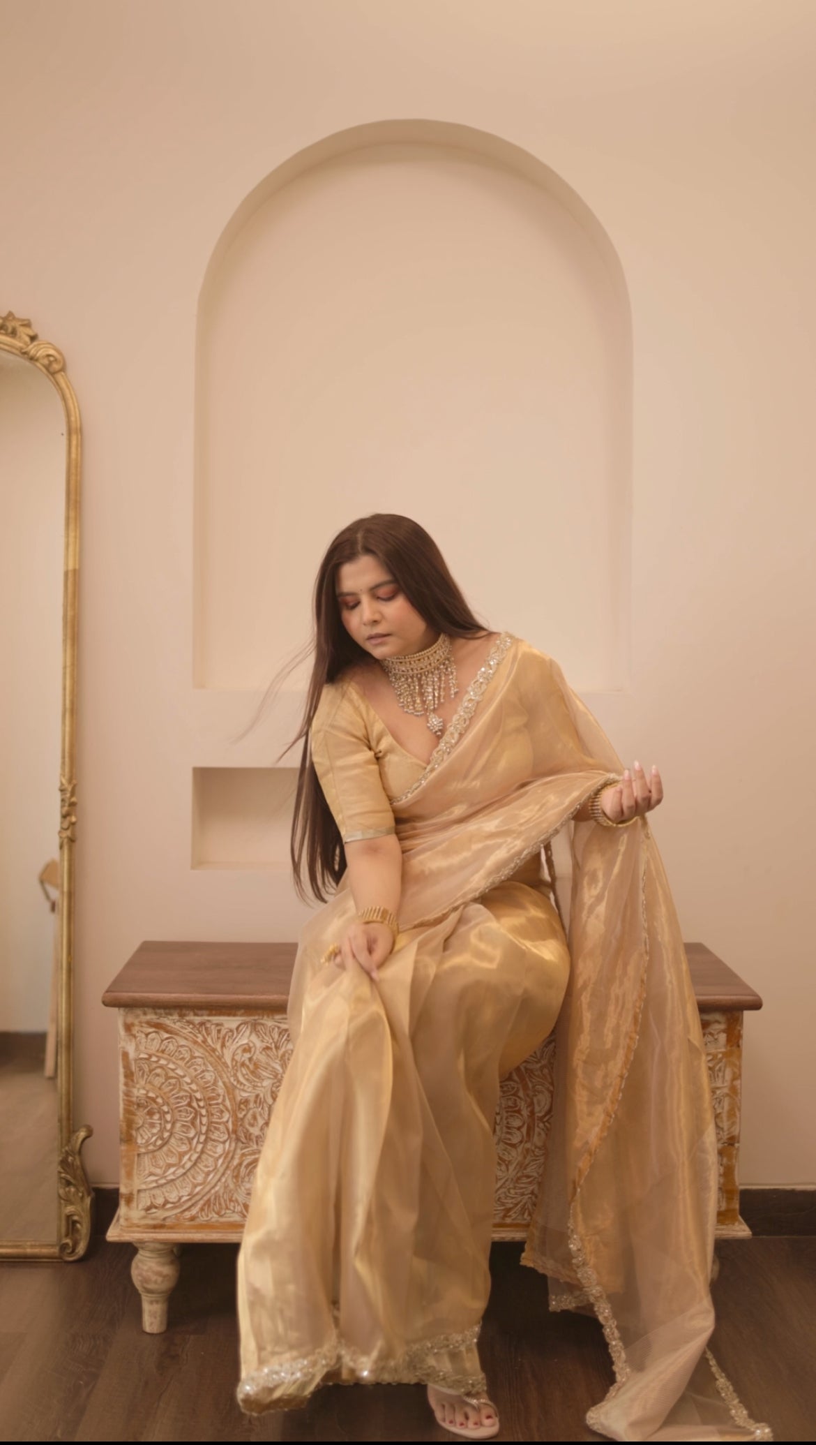 Molten gold chanderi tissue silk saree with intricate work border
