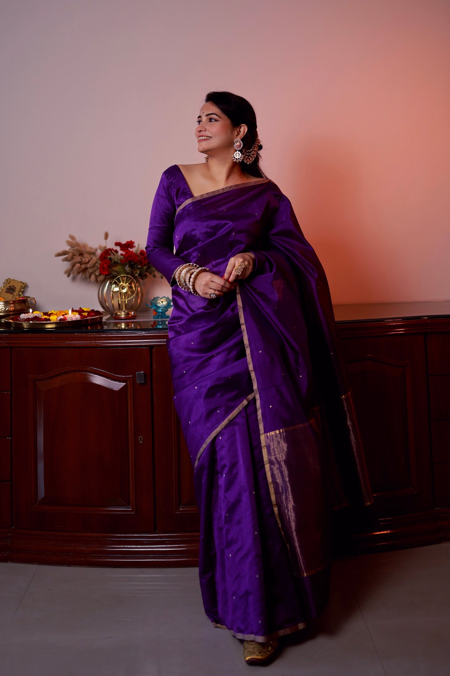 Violet chanderi silk saree with zari bootis all over