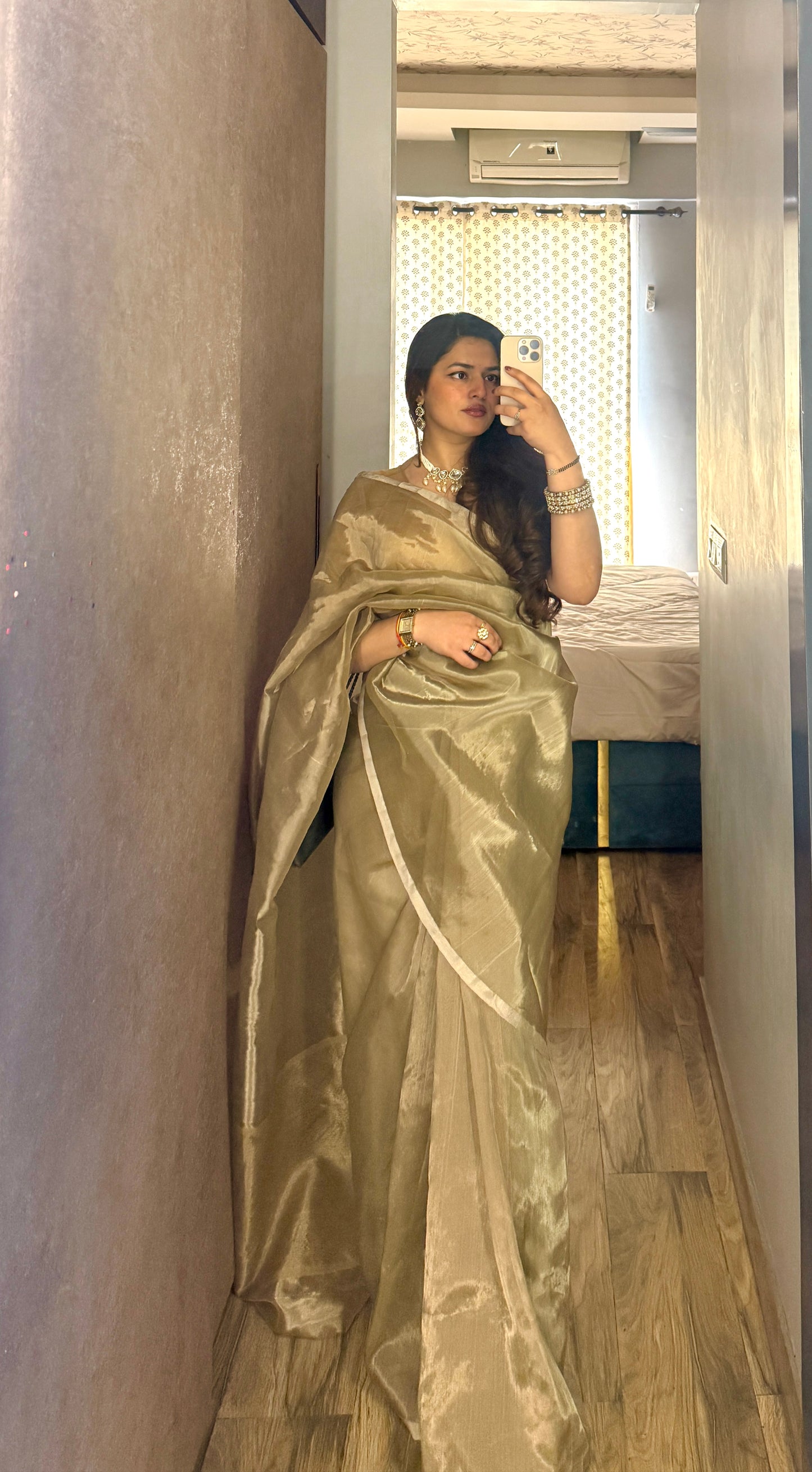 Champagne Chanderi tissue silk saree with silver zari border