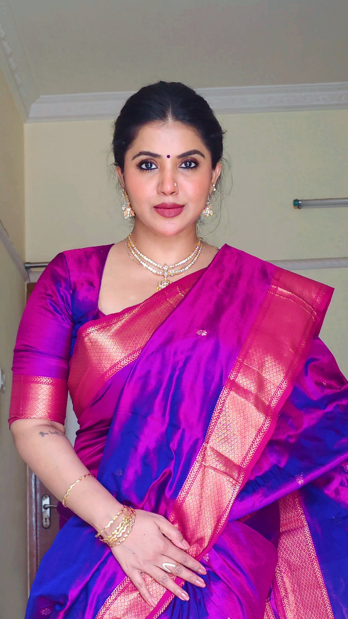 Violet and Pink dual tone Maheshwari silk saree with zari bootis all over