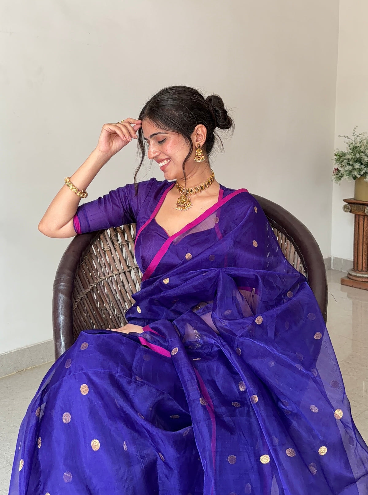 Dark Purple & Pink Chanderi silk saree with zari bootis all over