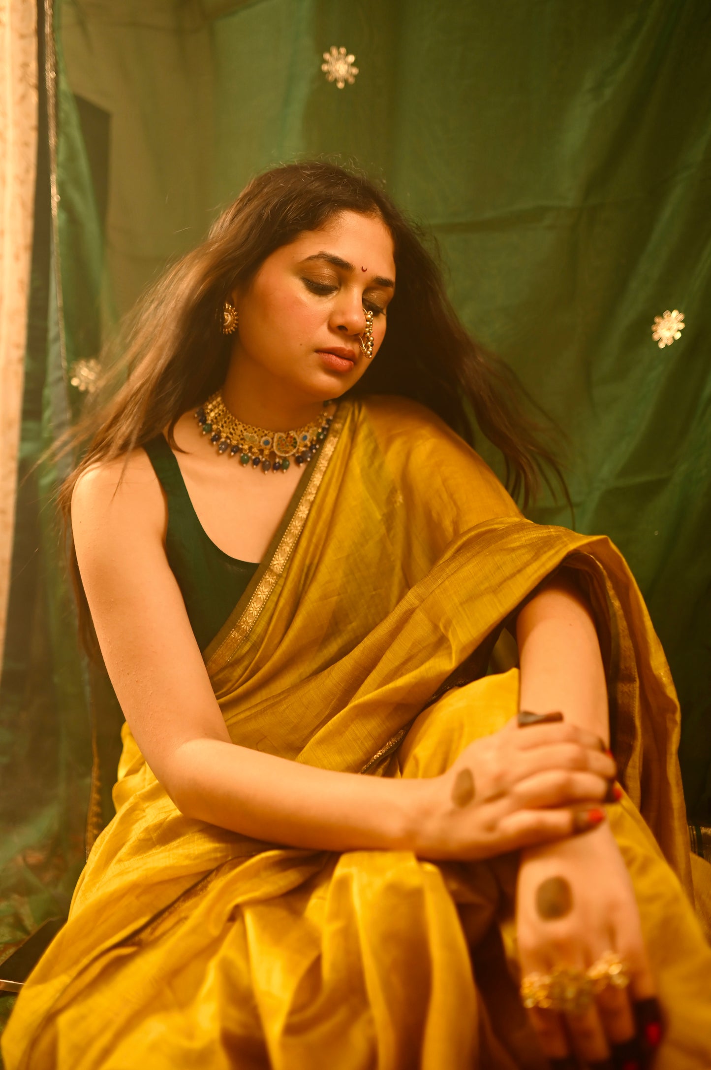 Mustard & green Maheshwari saree with flower bootis all over