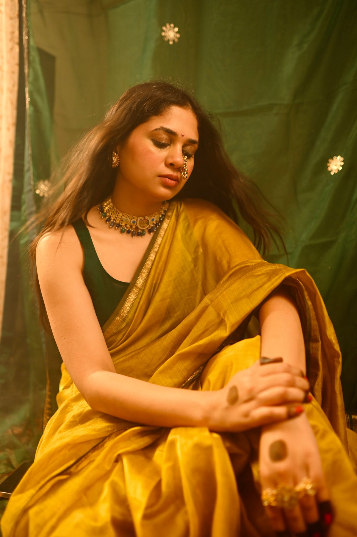 Mustard & green Maheshwari saree with flower bootis all over