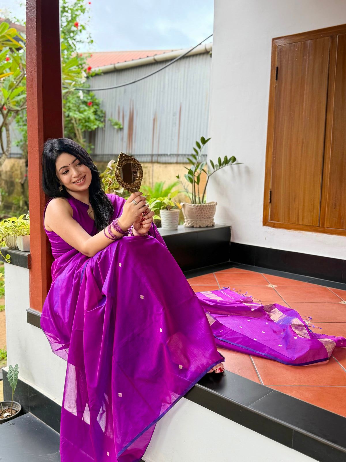 Shop the look | Violet Dual Tone Maheshwari Saree with Zari Bootis all over