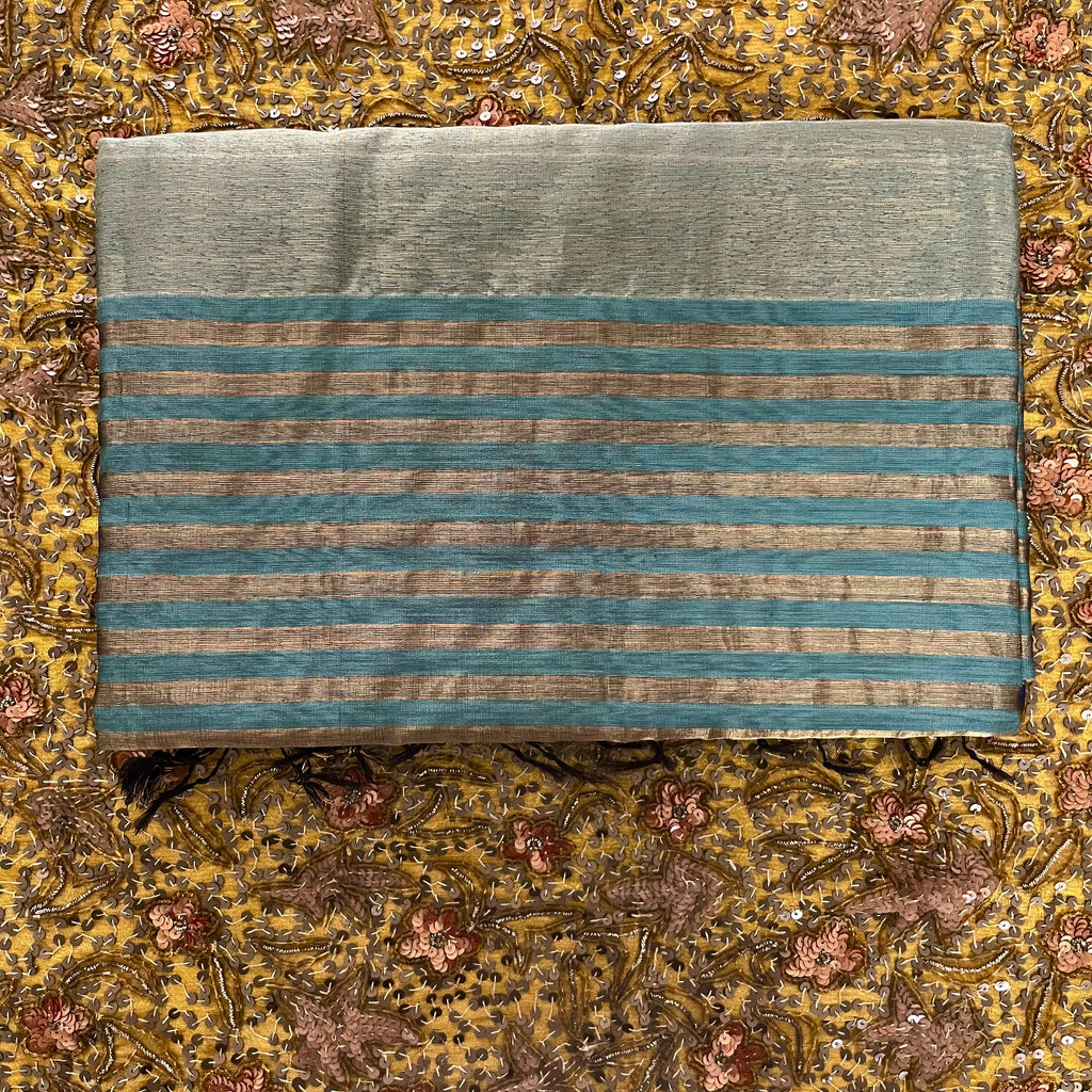 Baby blue Maheshwari saree with zari stripes all over