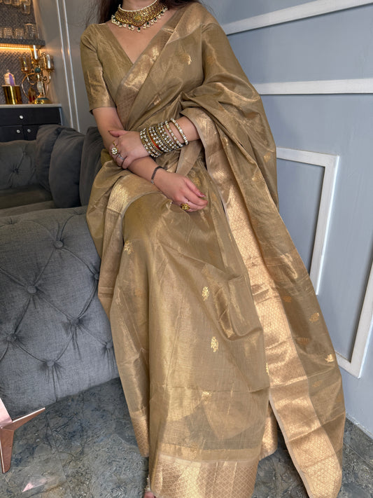 Antique gold maheshwari tissue silk saree with flower motifs all over