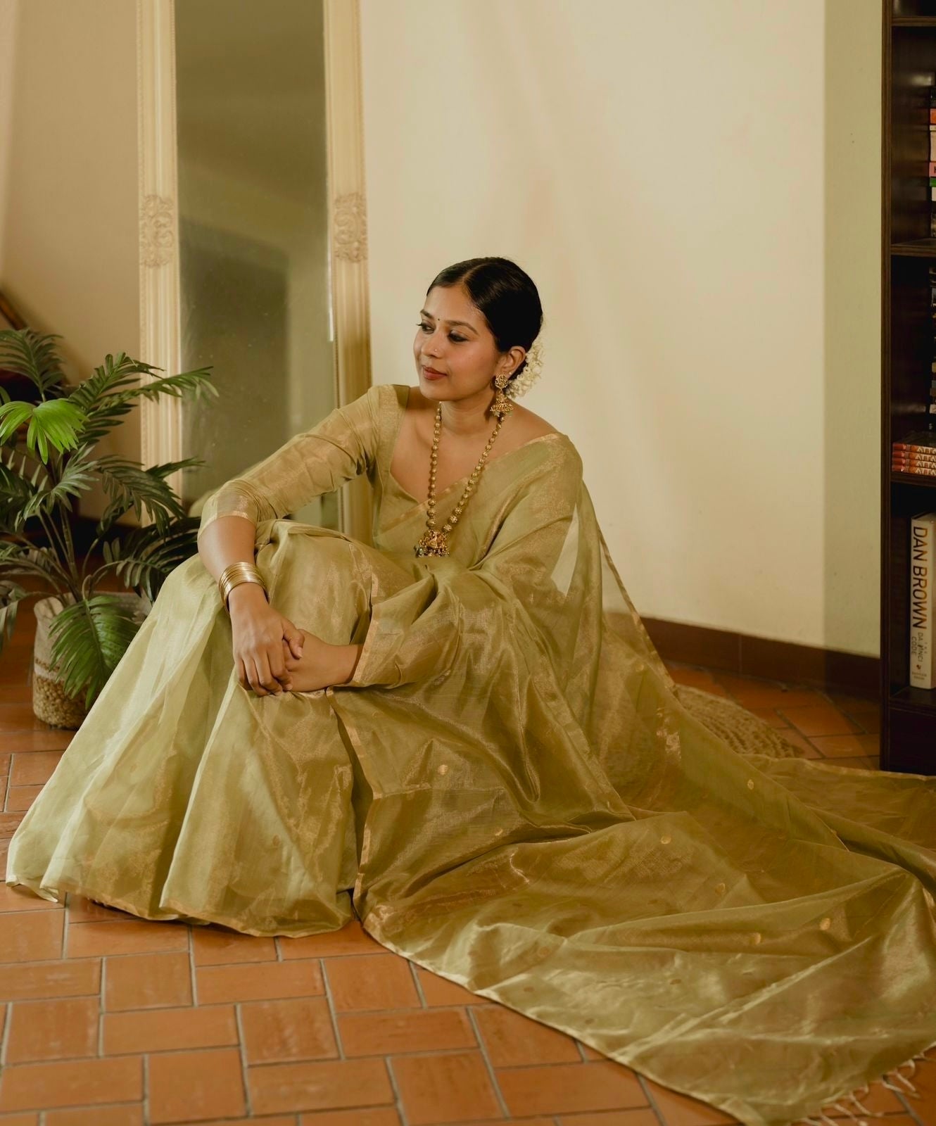 Olive gold Maheshwari tissue silk saree with zari bootis all over