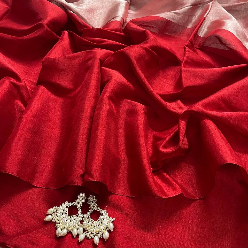 Silver and red chanderi tissue silk saree