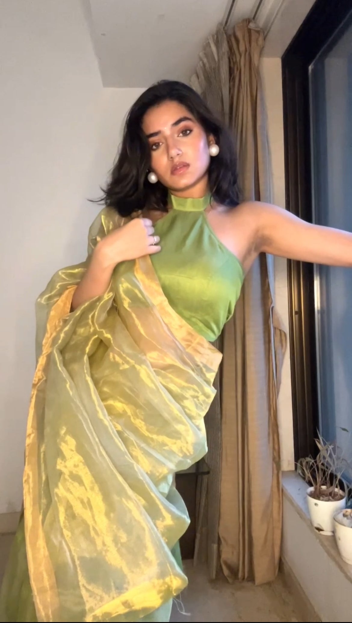 Lime green maheshwari saree with zari lines all over