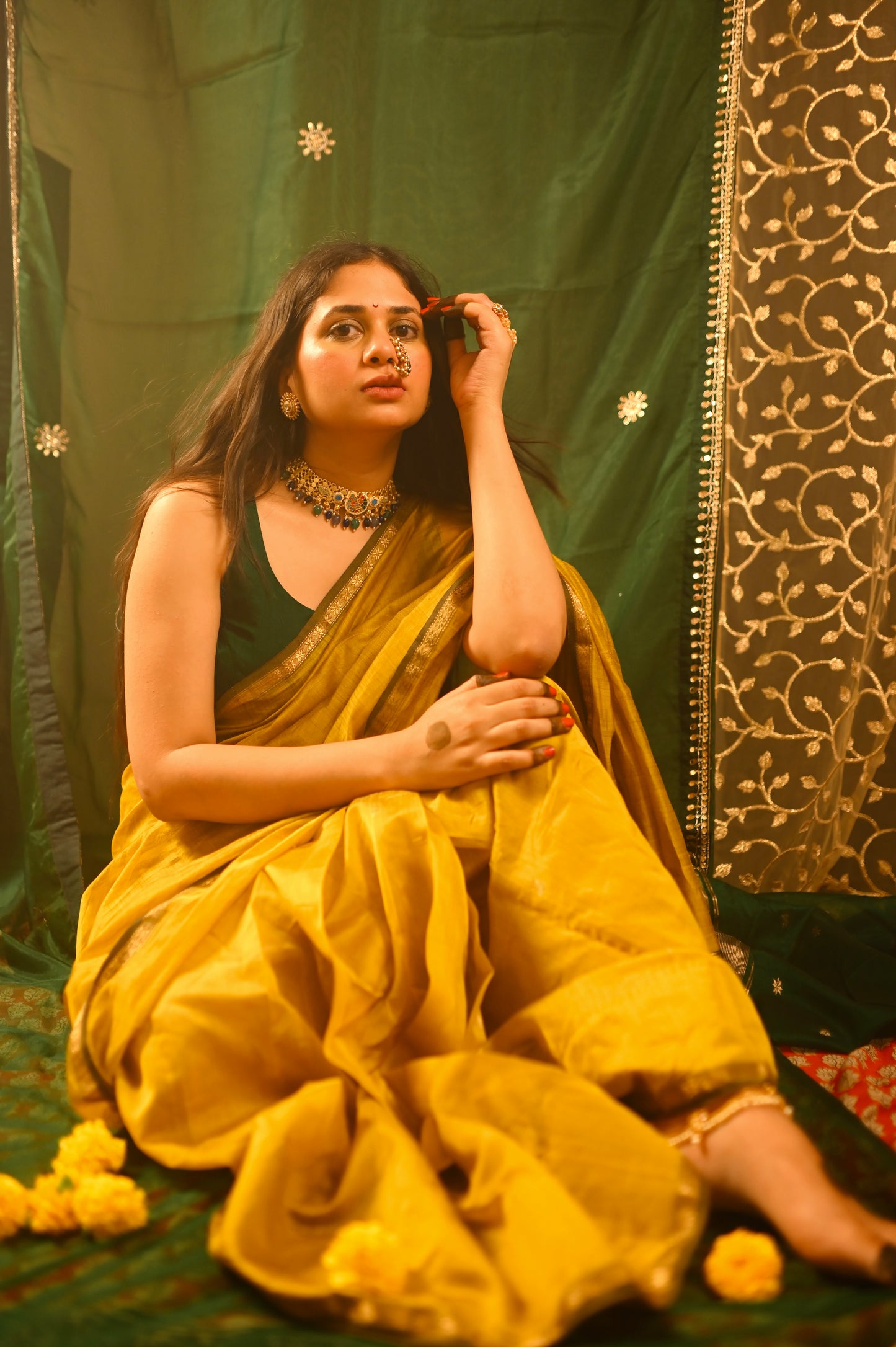 Mustard & green Maheshwari saree with flower bootis all over