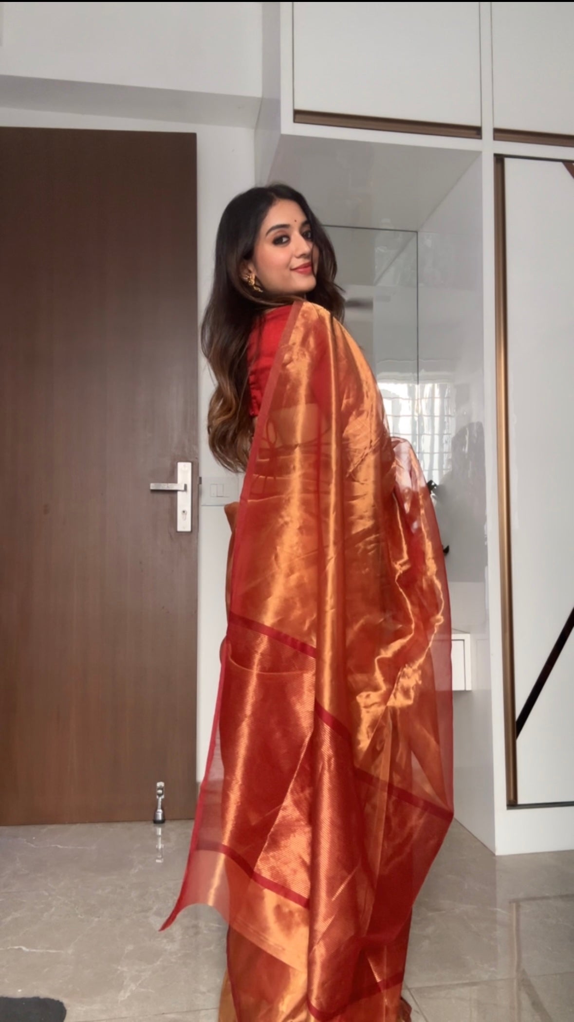 Deep red and gold Chanderi tissue silk saree