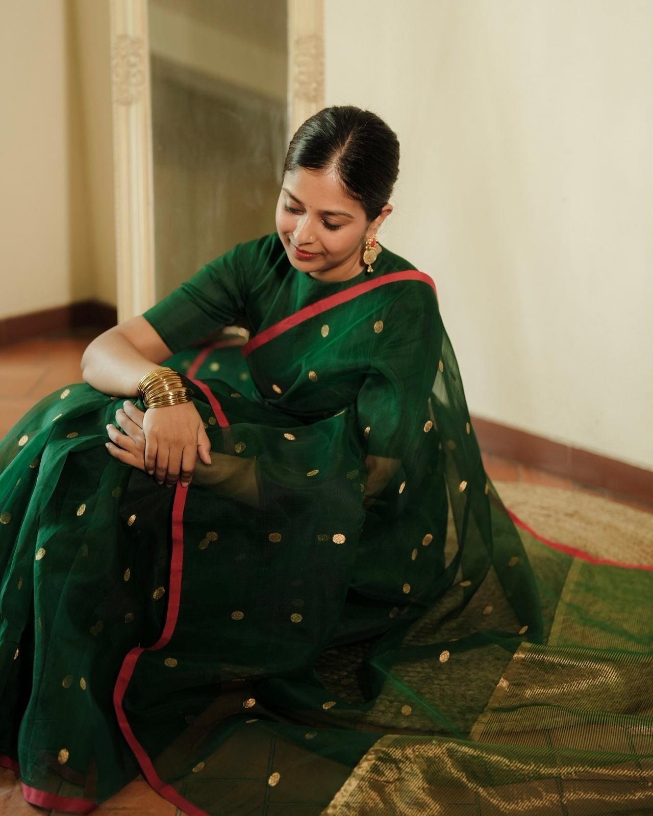Green & red Chanderi silk saree with zari bootis all over