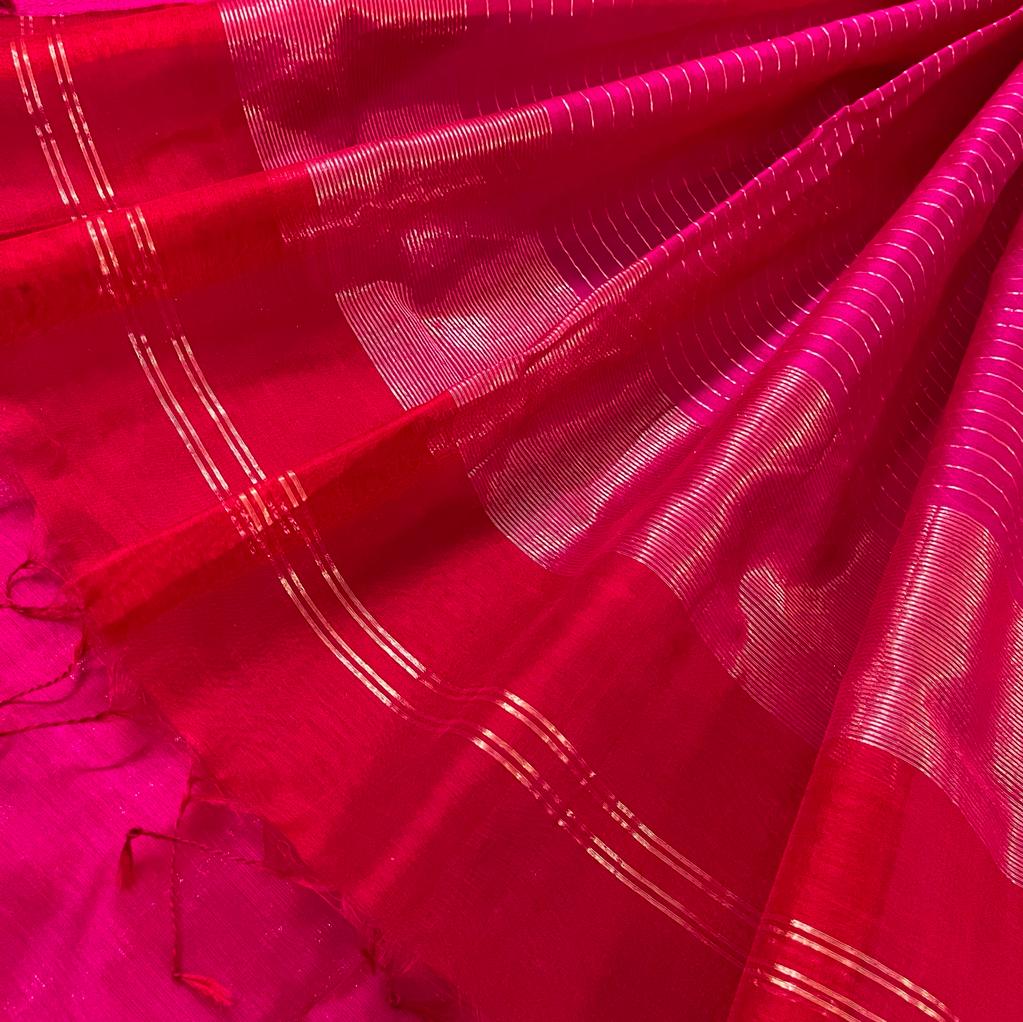 Red and pink maheshwari saree with resham border