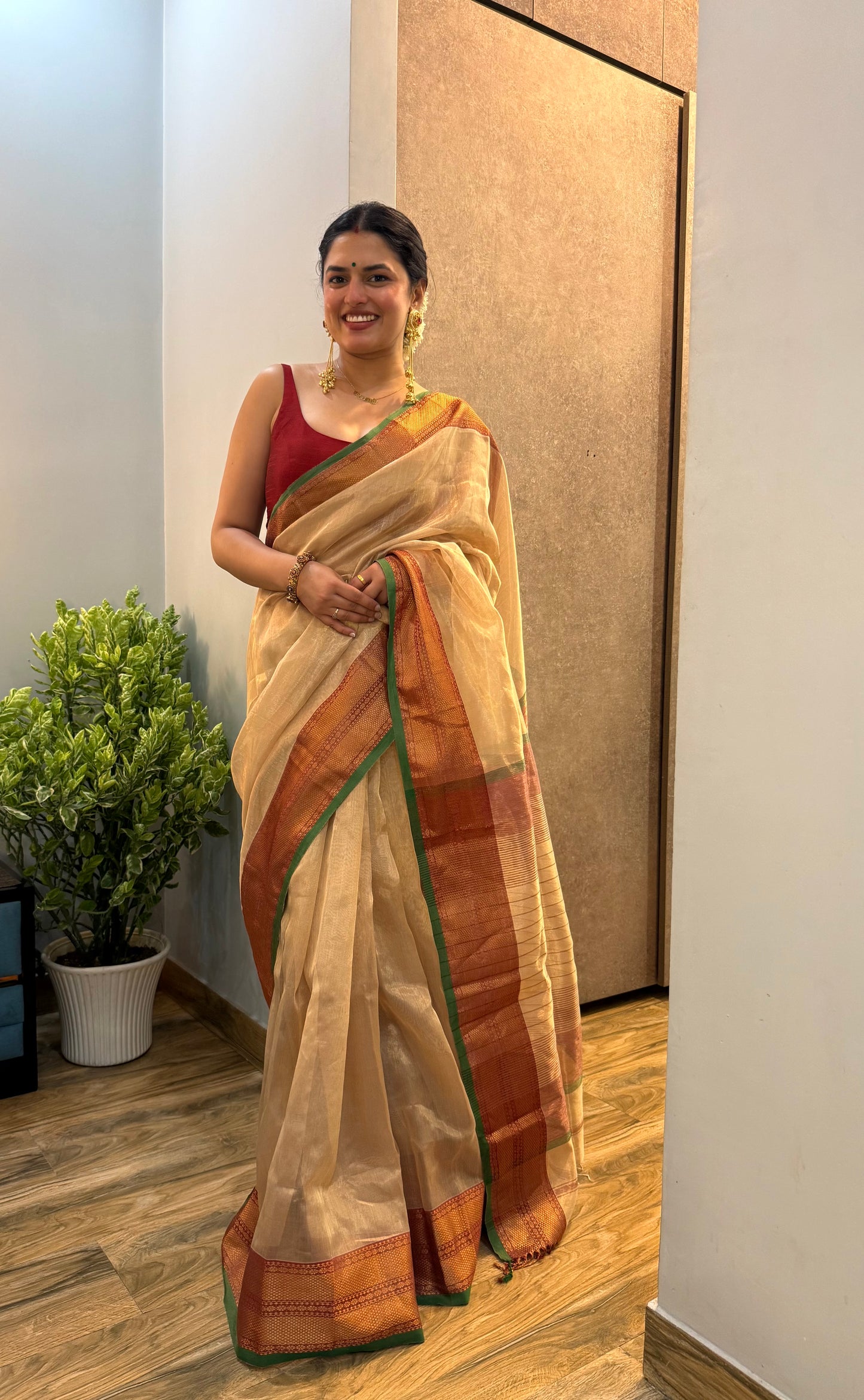 Gold Red & Green Maheshwari tissue saree with zari pattern on pallu