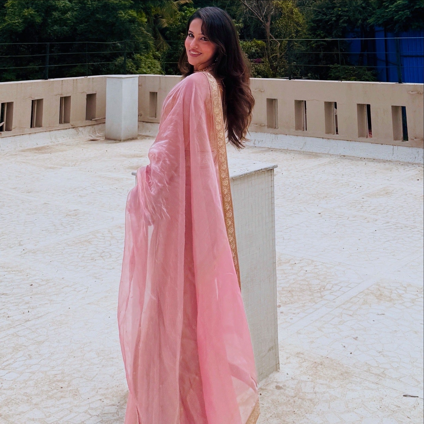 Flamingo pink Chanderi tissue silk saree with zari bootis all over