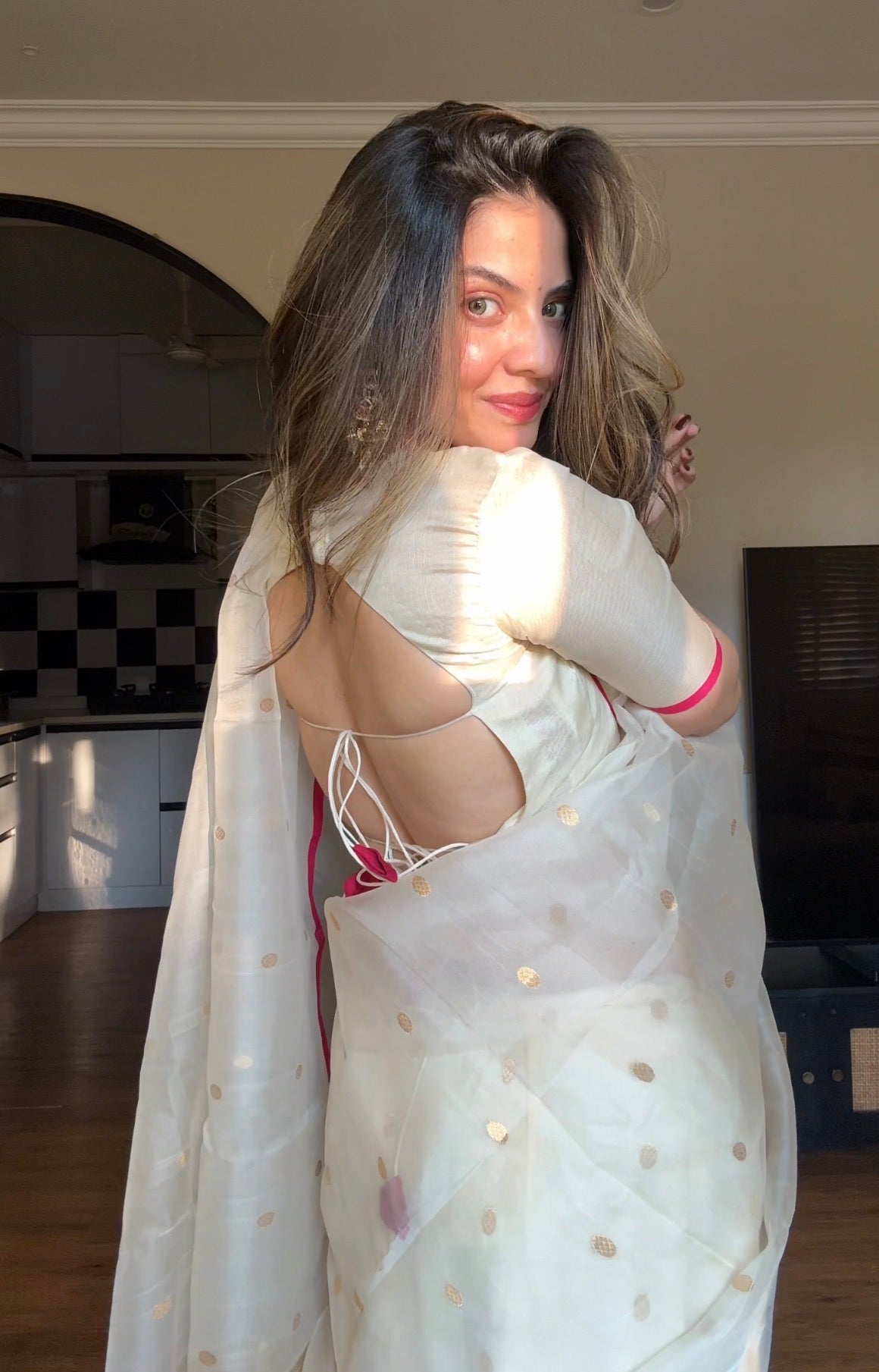 Off-White & Pink Chanderi Organza Silk Saree with Zari Bootis all over