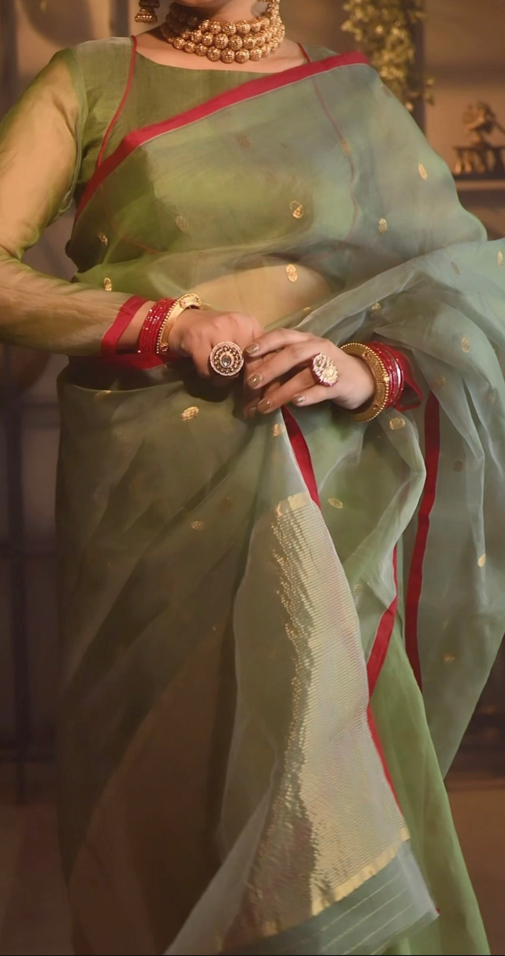Olive gold & red Chanderi silk saree with zari bootis all over